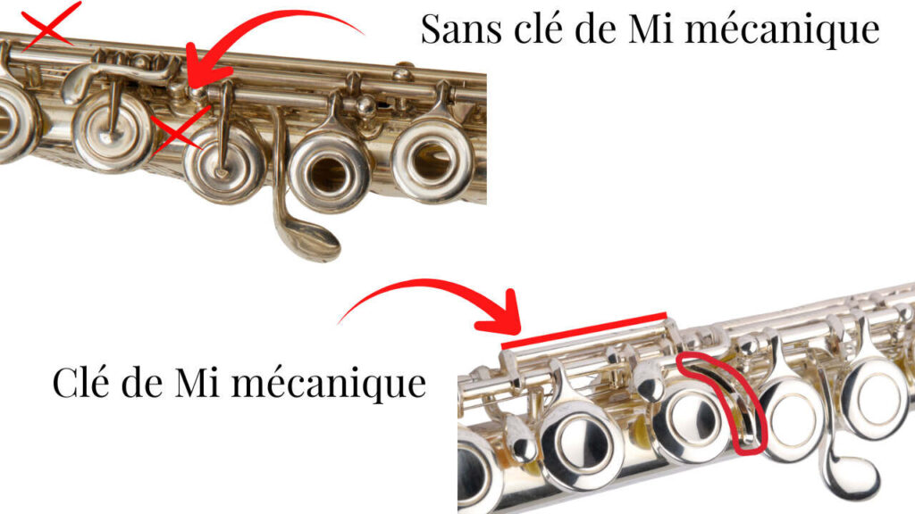 Un photo montage permettant de voir la différence sur une flute traversière avec une clé de Mi mécanique et une autre flute sans clé de Mi mécanique